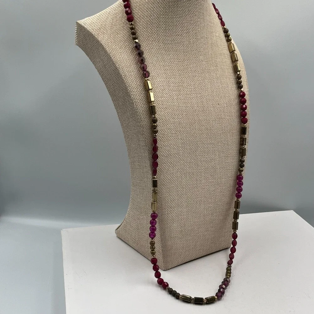 Vintage Red Bead Necklace‎ Gold Tone Accents Long Statement Costume Jewelry Y2K